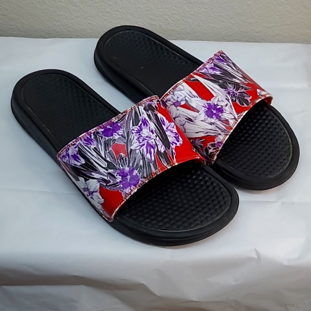 Nike Benassi Red & Purple Floral Print Slides Size 11